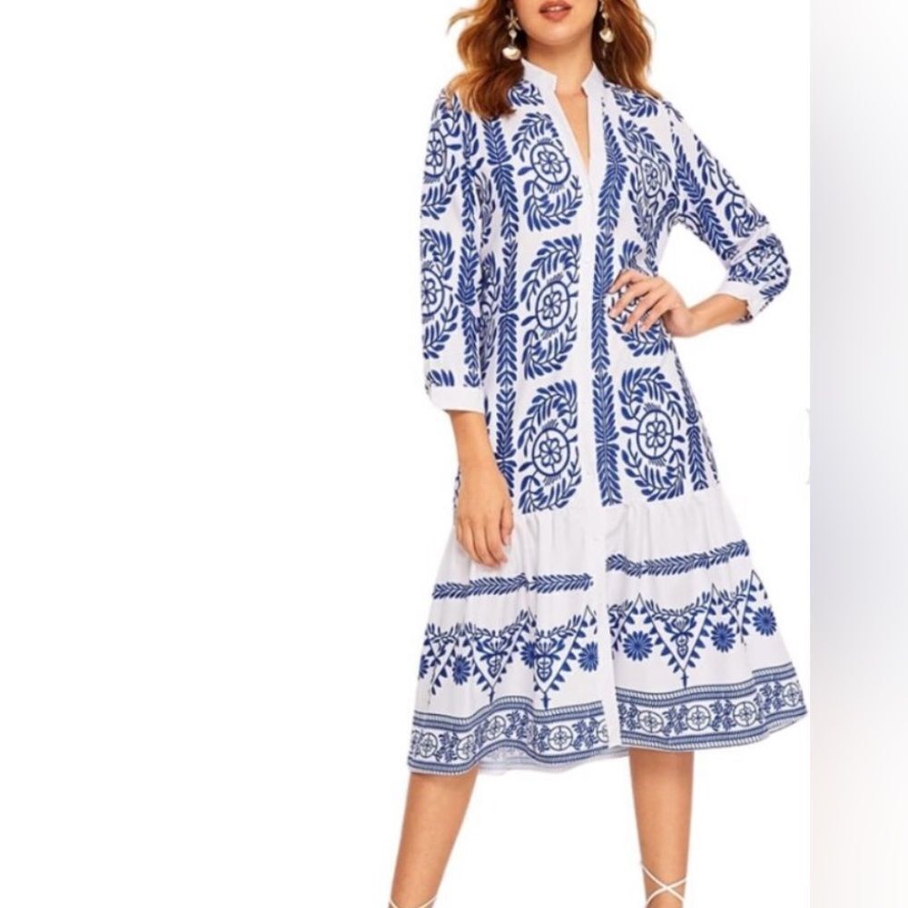 Zara White and Blue Cuffed Sleeve Midi Sundress